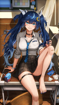 Rule 34 | 1girl, absurdres, ahoge, alternate costume, bandaid, bandaid on knee, bandaid on leg, barefoot, black choker, black skirt, blue eyes, blue hair, blue necktie, blue ribbon, breasts, choker, cleavage, collarbone, collared shirt, commentary, crescent, crescent hair ornament, desk, drink carton, earrings, feet, gradient hair, hair ornament, hair ribbon, hand up, highres, holding, indoors, iuno (wuthering waves), jewelry, juice box, knee up, long hair, looking at viewer, medium breasts, mistcastle, multicolored hair, necktie, on desk, parted lips, ribbon, school desk, shirt, shirt tucked in, sitting, skirt, smile, solo, streaked hair, thigh strap, thighs, toes, twintails, white shirt, wuthering waves
