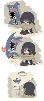 ! !! 1girl ? absurdres artist_self-insert bandaged_ankle black_skirt black_socks brown_cardigan brown_eyes brown_hair brown_shoes cardigan ceiling_light closed_mouth crossed_arms garten_of_banban hallway hat highres kiman loafers monster nabnab original party_hat runaway_girl_(kiman) sharp_teeth shoes sitting skirt sleeping socks solo speech_bubble spoken_question_mark teeth tongue tongue_out