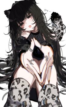 1girl absurdres animal_ears bare_shoulders black_dress black_eyes black_hair black_shirt blunt_bangs commentary_request dress fang fingernails fishnets head_tilt highres jewelry leopard_ears leopard_girl leopard_tail long_hair looking_at_viewer magnet_8_8 multiple_rings nail_polish open_mouth original ring shirt simple_background sitting skin_fang socks solo tail very_long_hair white_background