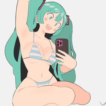 1girl akisas99 aqua_eyes aqua_hair arm_up armpits bikini blush_stickers breasts commentary double-parted_bangs english_commentary hair_ornament hatsune_miku holding holding_phone long_hair medium_breasts narrow_waist navel open_mouth phone selfie sidelocks simple_background sitting smile solo stomach string_bikini striped_bikini striped_clothes swimsuit teeth thick_thighs thighs twintails upper_teeth_only very_long_hair vocaloid wariza wide-eyed