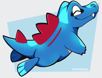 absurdres animal_focus artist_name border closed_eyes closed_mouth commentary english_commentary full_body gen_2_pokemon happy highres nintendo no_humans pokemon pokemon_(creature) smile solo swimming totodile white_border woofzilla
