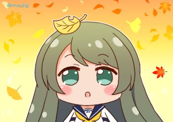Rule 34 | 1girl, autumn, battle girl high school, chibi, chibi only, commentary request, gradient background, green eyes, green hair, highres, leaf, leaf on head, long hair, neckerchief, nna btg, open mouth, orange background, sailor collar, school uniform, solo, tokiwa kurumi, very long hair, wide face, yellow neckerchief