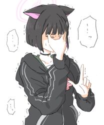 Rule 34 | ..., 1girl, black choker, black hair, black hood, blue archive, choker, closed eyes, collarbone, covered mouth, facepalm, green sailor collar, halo, hands up, hariyaa, highres, index finger raised, kazusa (blue archive), long sleeves, neckerchief, pink hair, pink halo, red neckerchief, sailor collar, short hair, simple background, small sweatdrop, solo, spoken ellipsis, upper body, white background