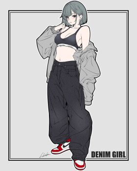 1girl baggy_pants bambi_surprise bare_shoulders black_pants black_sports_bra breasts calvin_klein commentary english_commentary full_body grey_eyes grey_hair grey_jacket highres jacket jacket_partially_removed looking_at_viewer medium_breasts medium_hair multicolored_shoes navel original pants red_shoes shoes signature solo sports_bra standing stomach two-tone_shoes white_shoes