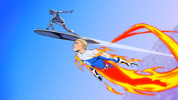 1boy 1girl blonde_hair blue_bodysuit blue_sky bodysuit day fantastic_four fire highres human_torch johnny_storm marvel metal_skin multicolored_bodysuit outdoors ribbed_bodysuit short_hair silver_surfer_(shalla-bal) sky spicy-ryls the_fantastic_four:_first_steps two-tone_bodysuit white_bodysuit