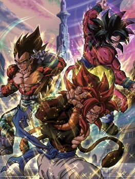 Rule 34 | 3boys, abs, absurdres, aura, belt, black hair, blue pants, body fur, closed mouth, commentary request, dragon ball, dragon ball gt, dragon ball z dokkan battle, fighting stance, gloves, gogeta, grin, highres, hiro (udkod1ezlyi2flo), looking at viewer, male focus, metamoran vest, monkey boy, monkey tail, multiple boys, muscular, muscular male, outdoors, pants, pectorals, red fur, saiyan, serious, smile, son goku, spiked hair, super saiyan, super saiyan 4, tail, teeth, vegeta, white pants, wristband, yellow aura