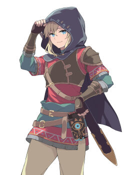 1boy adjusting_hood belt blonde_hair blue_eyes brown_belt brown_gloves brown_pants cape closed_mouth commentary_request cowboy_shot fingerless_gloves gloves highres hood hood_up hooded_cape hylian_set_(zelda) layered_sleeves link long_sleeves looking_at_viewer male_focus nintendo pants rasahan red_tube_top sheikah_slate short_over_long_sleeves short_sleeves simple_background smile solo strapless sword sword_on_back the_legend_of_zelda the_legend_of_zelda:_breath_of_the_wild tube_top weapon weapon_on_back white_background