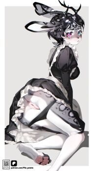 1girl animal_ears antlers anus ass barefoot black_dress black_hair black_panties blush breasts deer_antlers deer_ears deer_girl deer_tail dress foot_out_of_frame frilled_dress frills grey_background highres horns juliet_sleeves long_sleeves medium_breasts original panties pink_eyes pita-potato puffy_sleeves pussy short_hair skindentation solo tail underwear white_background