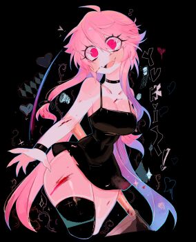 1girl black_background black_choker black_dress black_thighhighs blood blush bow breasts choker cleavage crazy cropped_legs dress gasai_yuno hair_bow highres holding large_breasts long_hair looking_at_viewer mirai_nikki narrow_waist open_mouth pink_eyes pink_hair red_eyes simple_background smile solo thick_thighs thighhighs thighs twintails usa37107692 wide_hips yandere