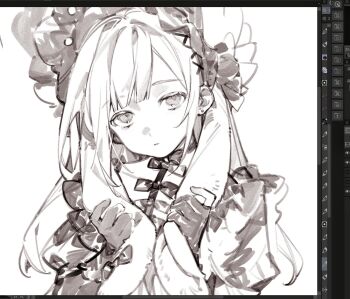 Rule 34 | 1girl, animal ears, arknights, art program in frame, bang dream!, bang dream! it's mygo!!!!!, blunt bangs, bonnet, expressionless, floppy ears, gloves, gothic lolita, hair ornament, highres, holding own ears, lolita fashion, long hair, looking at viewer, mafuin da, monochrome, partially fingerless gloves, rabbit ears, sidelocks, solo, upper body, wakaba mutsumi, wakaba mutsumi (marionette's id), white background, x hair ornament