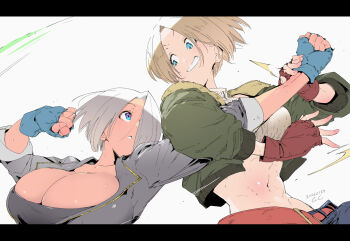 2girls abs angel_(kof) battle belt blonde_hair blue_eyes blue_mary bomber_jacket boots bra breasts cleavage commentary_request cowboy_boots crop_top cropped_jacket dark-skinned_female dark_skin dodging duel eye_contact fighting fingerless_gloves gloves grabbing_another's_arm green_jacket grin hair_over_one_eye highres jacket large_breasts leather leather_jacket looking_at_another makokujira midriff multiple_girls muscular muscular_female navel pants short_hair sleeves_rolled_up smile snk stomach strapless strapless_bra the_king_of_fighters toned underwear white_hair wrestling