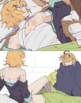 2girls absurdres addendium ahoge bandaged_arm bandaged_neck bandages blonde_hair dokibird dooby highres indie_virtual_youtuber multicolored_hair multiple_girls open_clothes open_shirt pointy_ears scar shirt short_hair sleeping streaked_hair virtual_youtuber