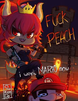 1boy 1girl animated animated_gif artist_name backlighting bare_shoulders black_dress black_footwear black_legwear boots bound bowsette bracelet breasts brooch newsboy_cap castle chibi cleavage collar commentary dark dark_skin dress english_commentary english_text facial_hair fangs fire forked_eyebrows hair_between_eyes hat horns jewelry lava mario mario_(series) mustache new_super_mario_bros._u_deluxe night night_sky nintendo open_mouth outdoors pointy_ears ponytail profanity red_eyes red_hair red_hat red_pupils rope sharp_teeth short_hair sidelocks sky slit_pupils smile spiked_anklet spiked_boots spiked_bracelet spiked_collar spiked_shell spiked_tail spikes strapless strapless_dress sukendo super_crown tail teeth tied_up_(nonsexual) tsurime turtle_shell