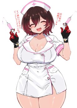 1girl :d absurdres black_gloves black_hair blush breasts cleavage closed_eyes collarbone collared_dress commentary_request curvy dress gloves gradient_hair hair_between_eyes highres holding holding_syringe hololive large_breasts multicolored_hair nurse open_mouth red_hair roboco-san sakanaya_(sakanaya952) short_hair short_sleeves simple_background smile solo standing syringe teeth thick_thighs thighs translation_request two-tone_hair upper_teeth_only virtual_youtuber white_background white_dress wide_hips