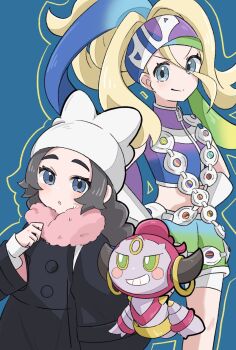 2girls ansha_(pokemon) bandolier belt bike_shorts bike_shorts_under_shorts black_coat black_hair blonde_hair blue_eyes blush blush_stickers closed_mouth coat colored_sclera gen_6_pokemon gloves gradient_clothes gradient_shirt green_eyes hat headband highres hoopa hoopa_(confined) horns korrina_(pokemon) legendary_pokemon long_hair long_sleeves mega_stone midriff multiple_girls mythical_pokemon nintendo open_mouth parted_lips pink_scarf pokemon pokemon_(creature) pokemon_legends:_z-a purple_headband ryokukoucha scarf shirt shorts sleeveless smile teeth white_gloves white_hat yellow_sclera