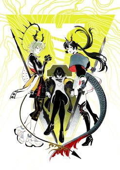 1boy 2girls ahoge arknights arknights:_endfield black_boots black_coat black_hair black_pantyhose black_shoes blue_horns blue_tail boots chen_qianyu_(arknights) coat commentary dragon_girl dragon_horn dragon_horns dragon_tail dual_wielding eastern_dragon_horns eastern_dragon_tail endministrator_(arknights) english_commentary eye_mask female_endministrator_(arknights) full_body green_hair hair_ornament high_heel_boots high_heels highres holding holding_sword holding_weapon hood hooded_coat horns hwei lifeng_(endfield) loafers long_hair long_sleeves looking_at_viewer mask multicolored_tail multiple_girls open_clothes open_mouth pantyhose red_tail shoes sitting smile standing standing_on_one_leg sweater sword tail teeth thigh_boots upper_teeth_only weapon white_sweater