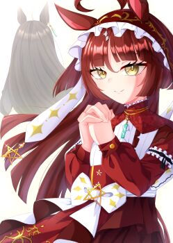1girl 2girls absurdres ahoge black_hair breasts closed_mouth commentary_request hair_between_eyes hair_ornament highres horse_girl jewelry looking_at_viewer manhattan_cafe_(umamusume) moka_(pixiv68858569) multiple_girls necklace own_hands_clasped own_hands_together red_desire_(umamusume) red_hair simple_background small_breasts smile solo umamusume white_background yellow_eyes