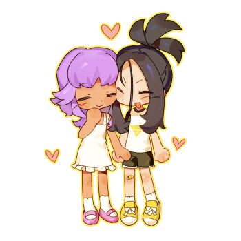 Rule 34 | 2girls, bandaid, bandaid on knee, bandaid on leg, black shorts, chinese commentary, closed eyes, commentary, heart, highres, holding hands, kui kui jiang, mary janes, multiple girls, open mouth, original, outline, purple hair, shoes, shorts, smile, socks, tan, white socks, yellow outline, yuri