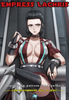 1girl black_gloves black_hair black_sash black_thighhighs boots bracelet breasts choker dress droid eyeshadow gloves highres jewelry large_breasts light_frown lipstick makeup open_clothes red_dress sash shiny_skin side_slit sidelocks sith sitting sitting_on_throne star_wars star_wars:_the_old_republic thighhighs yellow_eyes zxpfer