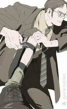 1boy aviator_glasses blue_eyes brown_hair brown_jacket brown_pants brown_shoes commentary_request dwight_schrute glasses highres jacket kaikonoeaka knife leg_hair long_sleeves male_focus necktie on_one_knee pants shirt shoes solo striped_clothes striped_necktie the_office white_background yellow_shirt