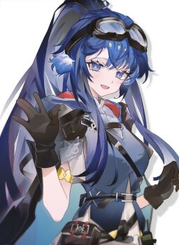 1girl :d arknights astgenne_(arknights) black_cape black_gloves blue_eyes blue_hair blue_vest blush cape diamond-shaped_pupils diamond_(shape) gloves goggles goggles_on_head hand_up highres kampswe_galong long_hair looking_at_viewer open_mouth ponytail shirt smile solo symbol-shaped_pupils upper_body very_long_hair vest waving white_shirt