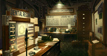 ben_lo bioshock bioshock_(series) bioshock_infinite book box bulletin_board cardboard_box carpet ceiling_light chair desk drawer elizabeth_tower english_text guide indoors jar lectern microphone_stand no_humans painterly paper paper_stack printer scenery teeth_print vial wooden_chair wooden_desk