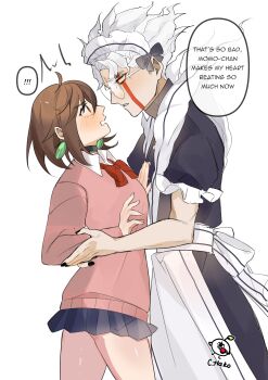 Rule 34 | !, !!, 1boy, 1girl, absurdres, apron, ayase momo, black dress, black skirt, blush, bow, bowtie, breasts, brown eyes, brown hair, crossdressing, crossdressing (mtf), dandadan, dress, earrings, english text, facial mark, frilled apron, frills, glasses, hachi (chisano hako), hetero, highres, jewelry, long hair, long sleeves, maid, maid apron, maid headdress, male maid, medium breasts, medium hair, open mouth, pink sweater, red bow, red bowtie, school uniform, short hair, skirt, speech bubble, sweater, takakura ken (dandadan), takakura ken (transformed) (dandadan), waist apron, white apron, white background, white hair