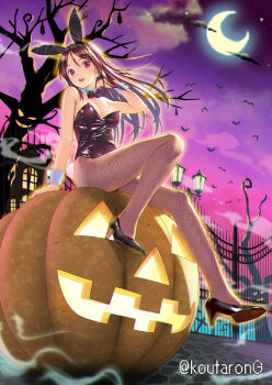 1girl :d animal animal_ears bare_shoulders bare_tree bat_(animal) black_bow black_bowtie black_footwear black_hairband bow bowtie breasts brown_hair brown_leotard brown_pantyhose cleavage cloud cloudy_sky collar commentary_request crescent_moon detached_collar fake_animal_ears fence hair_between_eyes hairband hand_up high_heels jack-o'-lantern koutaro lamppost leotard long_hair looking_at_viewer medium_breasts moon night open_mouth original outdoors pantyhose parted_bangs playboy_bunny purple_eyes rabbit_ears shoe_soles sky smile solo strapless strapless_leotard teeth thighs tree twitter_username upper_teeth_only very_long_hair white_collar wing_collar wrist_cuffs
