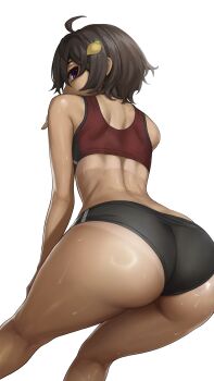 1girl ahoge ass ass_focus back black_buruma buruma commentary dark-skinned_female dark_skin feet_out_of_frame food-themed_hair_ornament from_behind hair_ornament highres kneepits leaning_forward lemon_hair_ornament looking_at_viewer looking_back make_heroine_ga_oo_sugiru! median_furrow ola_(bunnyfly) purple_eyes red_sports_bra ring_light_reflection short_hair shoulder_blades simple_background solo sports_bikini sports_bra sweat tan tanline thighs track_and_field white_background yakishio_lemon