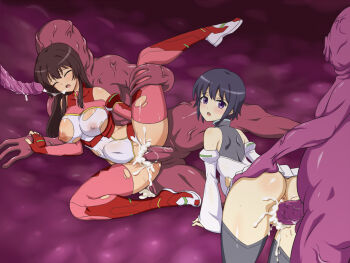 2girls an-bl anus black_hair black_legwear blush breasts brown_hair censored cum cum_in_pussy closed_eyes large_breasts miyama_tsubame monster mosaic_censoring multiple_girls nipples no_panties open_mouth penis pink_legwear purple_eyes school_girl_strikers sex short_hair skirt spread_legs sumihara_satoka thighhighs torn_clothes upskirt vaginal yellow_eyes