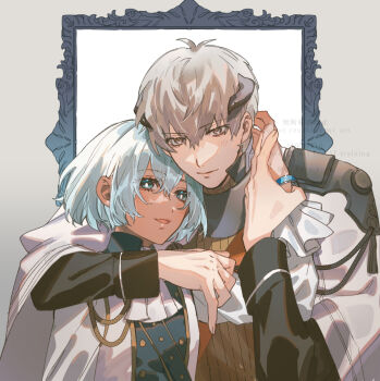 Rule 34 | 2boys, arm around shoulder, arm up, armor, ascot, blue eyes, cape, closed mouth, crossed bangs, dark-skinned male, dark skin, eyelashes, frills, grey eyes, grey hair, hair between eyes, highres, holding hands, horns, jacket, ki kuru kuru, long sleeves, male focus, metaphor: refantazio, multiple boys, parted lips, pauldrons, protagonist (metaphor: refantazio), short hair, shoulder armor, smile, spoilers, strohl (metaphor: refantazio), upper body, watermark, white cape, yaoi