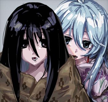 2girls behind_another black_hair blanket blue_eyes blue_hair brown_eyes commentary_request crossover denpa_onna_to_seishun_otoko grey_background hair_between_eyes highres komori_kiri long_hair looking_at_viewer mitsuya57 multiple_girls open_mouth sayonara_zetsubou_sensei simple_background textless_version touwa_erio trait_connection under_covers upper_body
