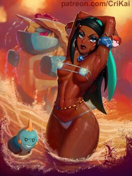 1girl alternate_costume aqua_eyes aqua_hair armlet armpits arms_up belly_chain bikini black_hair blue_bikini blue_eyeshadow breasts chewtle commentary crimson_kaiserin dark-skinned_female dark_skin drednaw dual_wielding dynamax earrings english_commentary eyepatch_bikini eyeshadow gen_8_pokemon gigantamax gigantamax_drednaw hair_bun holding holding_poke_ball hoop_earrings jewelry long_hair looking_at_viewer makeup narrow_waist nessa_(pokemon) nintendo no_gloves pendant poke_ball poke_ball_(basic) pokemon pokemon_swsh purple_lips shiny_clothes single_side_bun small_breasts solo_focus sparkle straight_hair swimsuit thick_thighs thighs toned underboob very_dark_skin wading wet