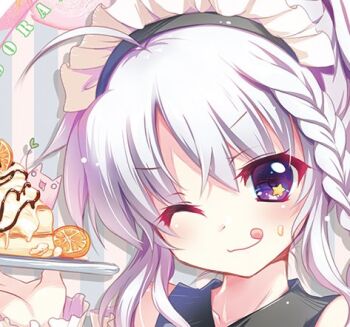 1girl 9-nine- :q ;) ahoge artist_self-insert blush braid cake close-up closed_mouth commentary_request drop_shadow eyes_visible_through_hair food food_on_face grey_hair hair_between_eyes izumi_tsubasu looking_at_viewer lowres maid_headdress niimi_sora official_art one_eye_closed purple_eyes sidelocks single_braid smile solo star_(symbol) star_in_eye symbol_in_eye tongue tongue_out