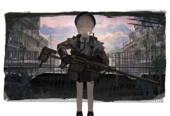 Rule 34 | 1girl, absurdres, bipod, black gloves, black skirt, black socks, bolt action, brown jacket, cheyanne (girls' frontline 2), cheytac m200, chinese commentary, closed mouth, collared shirt, commentary request, girls' frontline, girls' frontline 2: exilium, gloves, gun, highres, holding, holding gun, holding weapon, jacket, kotowaza, looking at viewer, m200 (girls' frontline), pleated skirt, rifle, scope, shirt, skirt, sniper rifle, socks, solo, straight-on, weapon, white shirt