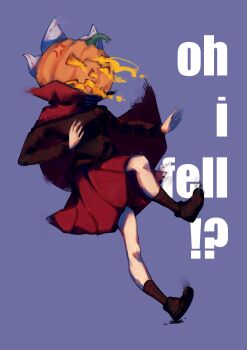 Rule 34 | !?, 1girl, absurdres, anger vein, black shirt, black shoes, black socks, cape, english text, from side, full body, grey background, highres, long sleeves, pleated skirt, pumpkin, pumpkin head, red cape, red skirt, sekibanki, shirt, shoes, simple background, sinonon218, skirt, socks, solo, touhou