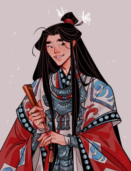 1boy animal black_eyes black_hair borrowed_clothes bracer bug butterfly butterfly_on_head chinese_clothes eyeliner facial_mark fmd folding_fan forehead_mark grey_background hand_fan hanfu holding holding_fan insect jewelry long_hair long_sleeves makeup male_focus miao_clothes necklace open_mouth parted_bangs print_robe red_eyeliner red_hanfu red_robe robe see-through_butterfly silver_chain silver_necklace silver_trim simple_background smile solo string string_around_finger string_of_fate tassel tianguan_cifu topknot very_long_hair white_butterfly wide_sleeves xie_lian