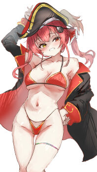 1girl absurdres bikini black_hat black_jacket closed_mouth eyepatch gloves hand_on_own_hip hat heterochromia highres hololive houshou_marine houshou_marine_(1st_costume) jacket looking_at_viewer pirate_hat red_bikini red_eyes red_jacket smile solo swimsuit tazrn1 thigh_strap two-sided_fabric two-sided_jacket virtual_youtuber white_background white_gloves yellow_eyes