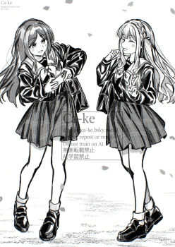 Rule 34 | 2girls, ^ ^, bang dream!, bang dream! it's mygo!!!!!, blush, braid, cellphone, closed eyes, commentary, crown braid, falling petals, greyscale, hair ribbon, holding, holding phone, loafers, long hair, monochrome, multiple girls, nagasaki soyo, open mouth, paperca-ke, petals, phone, plaid clothes, plaid skirt, pleated skirt, ribbon, school uniform, shoes, sidelocks, skirt, smartphone, taking picture, togawa sakiko, tsukinomori school uniform, two-sided fabric, v, watermark