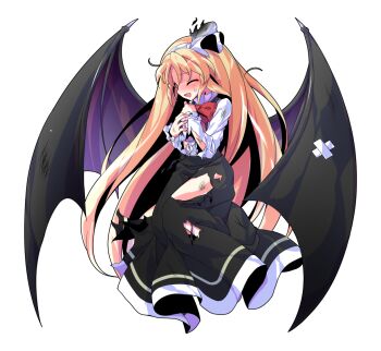 1girl alphes_(style) bat_wings black_skirt blonde_hair blush bow bowtie buttons commentary_request dairi defeat dress_shirt frilled_sleeves frills full_body hair_between_eyes hairband high-waist_skirt kurumi_(touhou) large_variant_set long_hair long_skirt long_sleeves parody purple_wings red_bow red_bowtie ribbon shirt skirt solo style_parody suspenders tachi-e torn_clothes touhou touhou_(pc-98) transparent_background variant_set very_long_hair white_hairband white_ribbon white_shirt wings