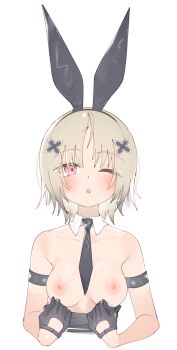 1girl animal_ears armband black_armband black_gloves black_headband black_leotard black_necktie blonde_hair blush breasts commission detached_collar fake_animal_ears girls&#039;_frontline gloves hair_ornament hairclip headband highres leotard leotard_pull looking_at_viewer medium_breasts medium_hair mp40_(champagne_of_spades)_(girls&#039;_frontline) mp40_(girls&#039;_frontline) necktie nipples one_eye_closed parted_lips pixiv_commission rabbit_ears rasusurasu solo upper_body