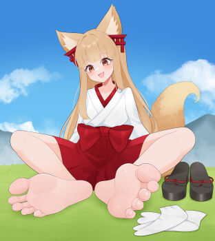 1girl absurdres animal_ears barefoot blush brown_eyes brown_hair feet fox_ears fox_tail geta highres japanese_clothes long_hair miko open_mouth oshiro_project:re senko_(oshiro_project) shoes socks soles tabi tail toes unworn_shoes unworn_socks wl217_(nicexa111)