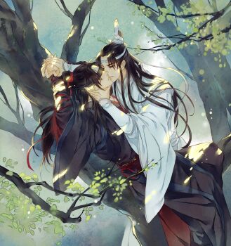 2boys alternate_hairstyle arms_up black_hair black_hanfu blic1 blindfold bound bound_wrists branch chinese_clothes commentary dappled_sunlight english_commentary hair_ribbon half-closed_eyes half_updo hand_on_another&#039;s_neck hanfu headband high_ponytail highres holding_another&#039;s_wrist holding_hands in_tree kiss lan_wangji leaf light_particles long_hair long_sleeves looking_at_another male_focus modao_zushi multiple_boys outdoors parted_lips ponytail red_ribbon red_sash ribbon robe sash sitting sitting_in_tree sleeves_past_wrists sunlight topknot tree wei_wuxian white_hanfu white_headband wide_sleeves xiao_guan_(headdress) yaoi