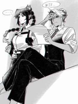 Rule 34 | ..., 2girls, alternate costume, annoyed, baldur's gate, baldur's gate 3, braid, chest harness, contemporary, crossed legs, dungeons & dragons, dungeons &amp; dragons, elf, feet out of frame, frown, greyscale, hair bun, hand on own face, hand on own head, hand on own hip, harness, highres, holding, holding paper, long hair, minthara, monochrome, multiple girls, necktie, one eye closed, pants, paper, pointy ears, powshroom, shadowheart (baldur's gate), short hair, single braid, single hair bun, sitting, spoken ellipsis, vest, white background