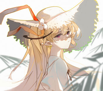 Rule 34 | 1girl, absurdres, arknights, bad anatomy, blonde hair, blurry, blurry foreground, commentary request, fern, flower, frown, hat, hat flower, hat ribbon, highres, indigo (arknights), krao, long hair, long neck, looking at viewer, orange ribbon, pink eyes, pointy ears, puffy sleeves, ribbon, shaded face, shirt, simple background, straw hat, sun hat, upper body, white background, white flower, white shirt