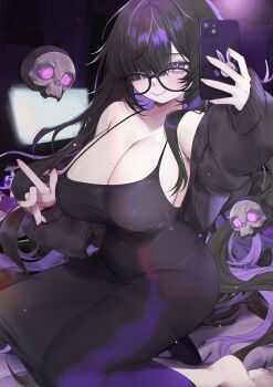 1girl anntan black_dress black_hair black_sweater breasts cleavage colored_inner_hair commentary dress glasses goddess_of_victory:_nikke highres holding holding_phone huge_breasts label_(nikke) long_hair monitor multicolored_hair phone purple_eyes purple_hair selfie skull solo sweater two-tone_hair very_long_hair