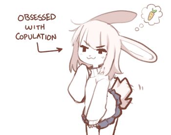 1girl :3 animal_ears blue_skirt carrot cowboy_shot english_text highres light_blush miniskirt motion_lines orenjipiiru original rabbit_ears rabbit_girl rabbit_tail skirt sleeves_past_wrists smug speech_bubble standing sweater tail thought_bubble turtleneck turtleneck_sweater white_sweater