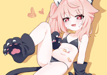 1girl animal_ears animal_hands bikini black_bikini blue_archive blush cat_ears cat_paws cat_tail commentary covered_erect_nipples fake_animal_ears fake_tail fang food food_on_body food_on_face gloves heart highres long_hair looking_at_viewer natsu_(blue_archive) navel needle_(574187457) open_mouth paw_gloves paw_shoes pink_hair red_eyes side_ponytail simple_background solo swimsuit tail yellow_background