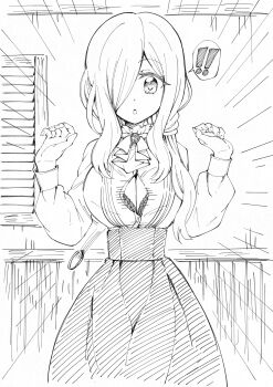 ! !! :o absurdres ascot bra breasts brooch cleavage emphasis_lines facing_viewer floral_print flying_button greyscale hair_over_one_eye hands_up hashtag-only_commentary high-waist_skirt highres indoors jashin-chan_dropkick jewelry large_breasts long_hair long_sidelocks long_skirt long_sleeves low_side_ponytail monochrome parted_bangs parted_lips persephone_(jashin-chan_dropkick) popped_button puffy_long_sleeves puffy_sleeves shirt sidelocks skirt spoken_exclamation_mark underwear upper_body window yuuki_shushu