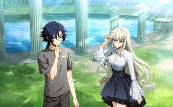 1boy 1girl arm_up artist_request black_skirt blonde_hair blue_eyes blue_hair braid breasts code_geass code_geass:_boukoku_no_akito code_geass:_lost_stories game_cg grey_shirt grey_skirt highres hyuuga_akito large_breasts leila_malcal long_hair non-web_source official_art pleated_skirt purple_eyes shirt skirt white_shirt